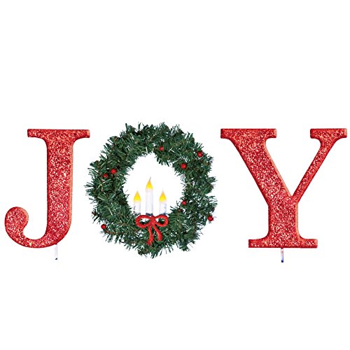 Collections Etc Outdoor Christmas Decorations, Holiday Joy with Wreath, Lighted Garden Stake