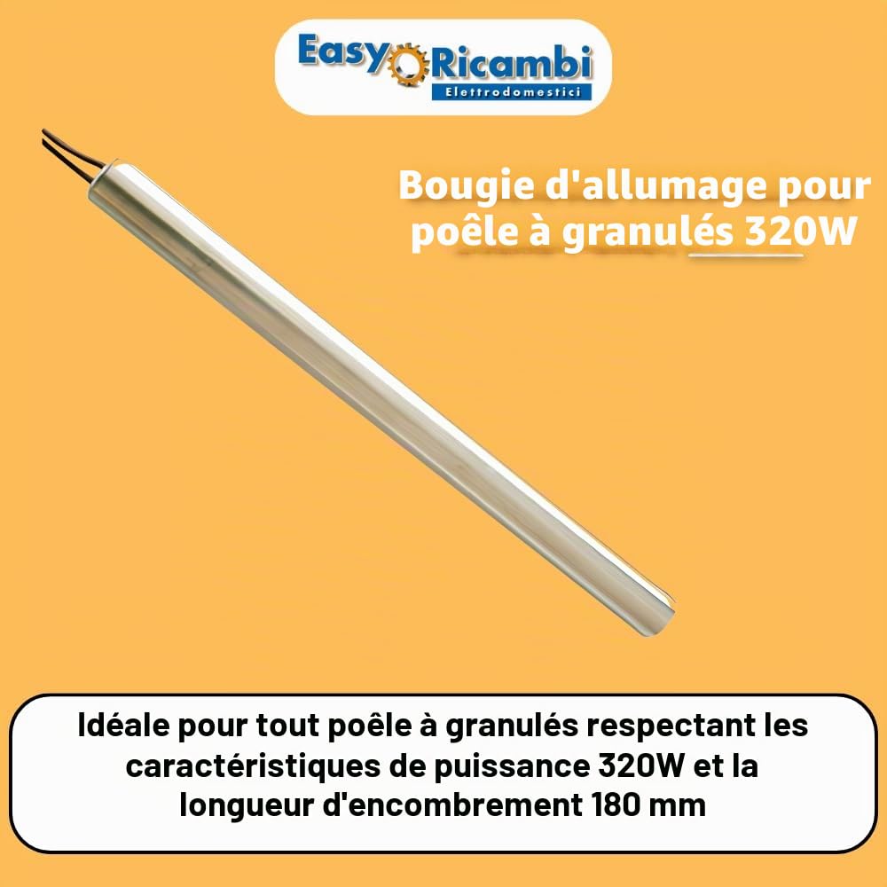 Easyricambi - Bougie d'allumage pour poêle à pellets 320W, modèle linéaire de diamètre 10 mm et longueur 180 mm, résistance pour un chauffage rapide, pièce de rechange pour de nombreux modèles de