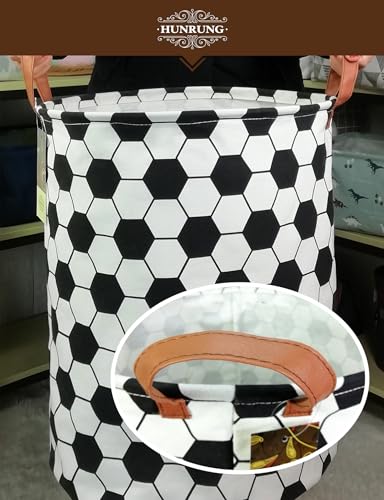 HUNRUNG Laundry Hamper,Large Canvas Fabric Lightweight Storage Basket Toy Organizer Dirty Clothes Collapsible Waterproof for College Dorms, Children Bedroom,Bathroom（Roud-Football）