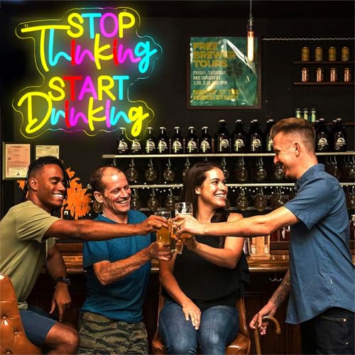 Image of Stop Thinking Start Drinking Neon Signs Multicolor Letter Neon Lights Wall Decor for Home, Bar, Man Cave, Party, Club, Restaurant Gift Art for Boys Girls-13.7 x 12.2 IN-USB Powered-Acrylic