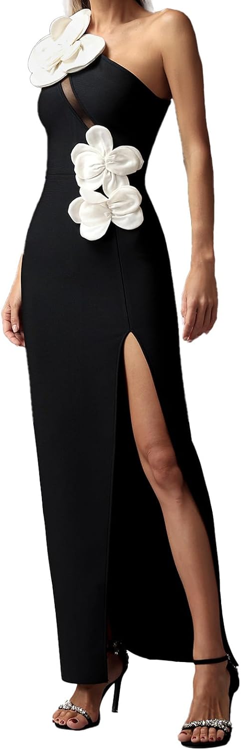 BELLA BARNETT One Shoulder Maxi Grand White Flower Accents Elegant Dress Sheer Mesh Section High Slit Formal Dress