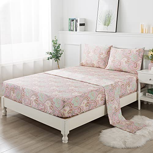 Image of FADFAY Egyptian Cotton Sheets Twin Pink Paisley Bedding Sets Deep Pocket Fitted Sheet Set 800TC Soft Skin-Friendly Natural Bed Sheets (4Pcs, Twin Size)