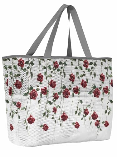 Mesh Beach Bag Oversized Tote Bags for Women Red Rose Flower Valentine's Day Large Travel Pool Bags with 8 Pockets