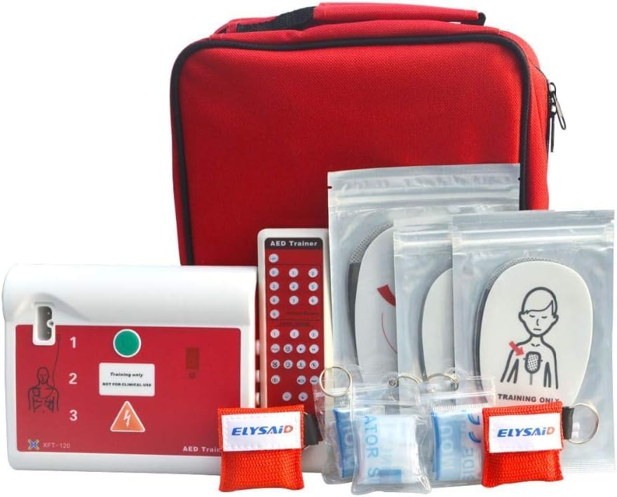 Omana AED Trainer XFT-120C+ kit including the main unit, remote control, and electrode pads in a red carrying bag.