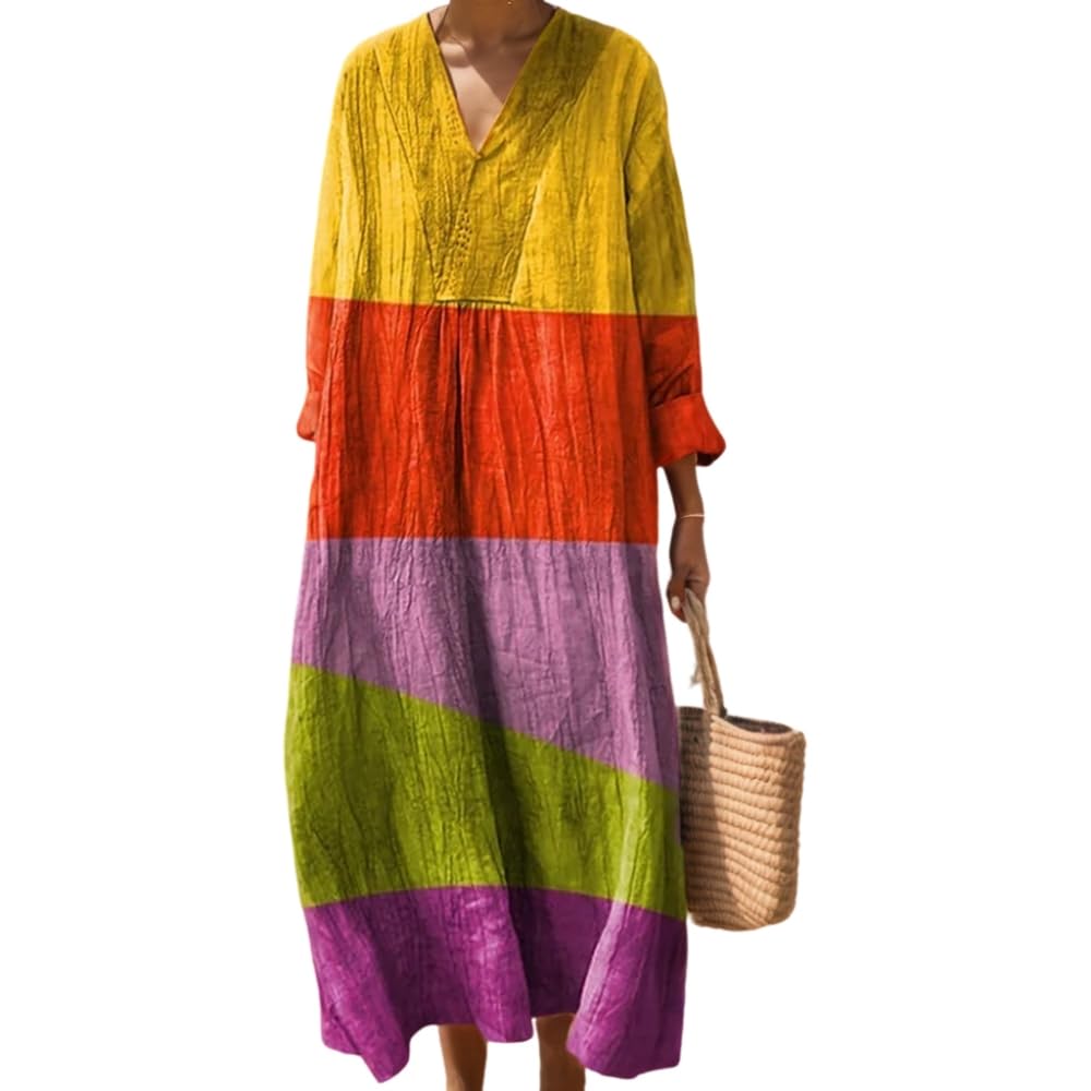 Akivide Women's Oversized Smocked Long Sleeve Boho Dress Spring Summer Casual Floral Print V Neck Maxi Dresses for Women