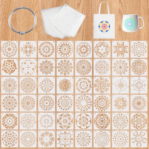 48 Stück Mandala Schablone, 10x10 cm Bullet Journal Schablonen, Wiederverwendbares Malschablonen, Airbrush Schablonen, Stencil Schablone, Mehrere Muster, für Notizbuch, Scrapbook, Wände Kunst, Weiß