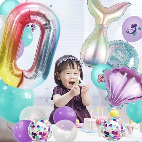 Image of Mermaid Birthday Decorations Mermaid Balloons - Number 0 Balloons for Girls Under The Sea Mermaid Theme Baby Shower Birthday Favors
