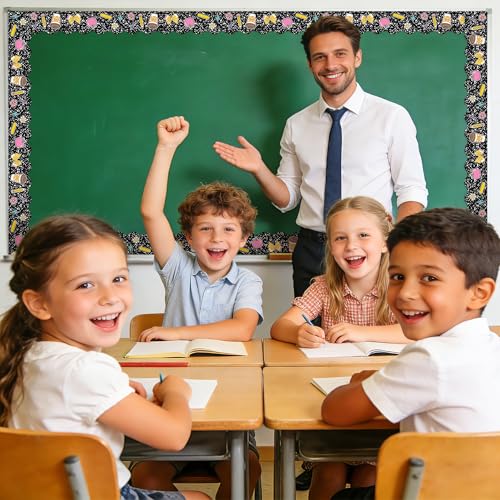 Image of BeYumi Composition Rolled Border Trim - 65ft Back to School Composition Pencil Bow Scalloped Rolled Border Trim Ruler Apple Bulletin Board Set School Classroom Office Chalkboard Party Holiday Decor