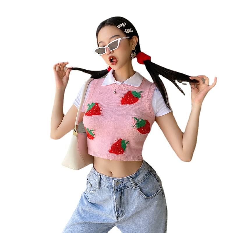 Kawaii Strawberry Knitted Sweater Vest Soft Girl Aesthetic Cute Cropped Pullover Sleeveless Tops