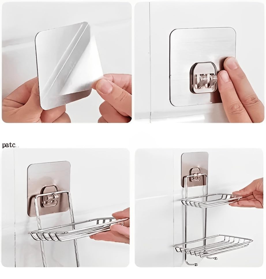 Image of Puno 2-Layer Wall Mounted Soap Dish & Storage Rack - Rustproof Stainless Steel Bathroom Shelf with Hooks, Self Adhesive No-Drill Shower Organizer for Kitchen, Wash Basin & Toiletries (Silver)