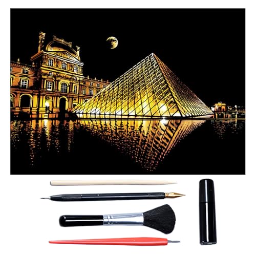 Scratch Art for Adults & Teens 16 x 11.2 Inches, Paint by Scratch Kit Adult Rainbow, Colorful Sketch DIY Night View Scratchboard (Louvre)