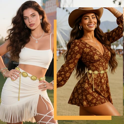 XZQTIVE Women Boho Chain Belts For Dresses Jeans Western Cowgirl Waist Links Belt Adjustable Metal Concho Belt