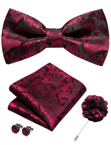 JEMYGINS Burgundy Paisley Bow Tie Pre-tied Bowtie and Pocket Square Cufflinks Lapel Pin Sets for Men(3)