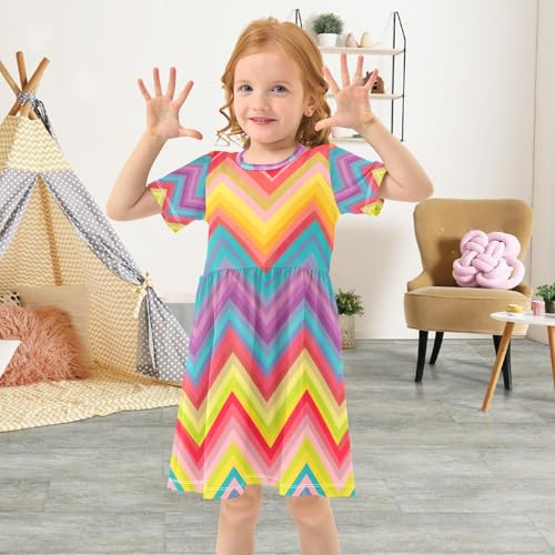 Toddler Girls Dress Rainbow Chevron Short Sleeve Summer Dress Soft Comfort Kids Casual Sundress, 2T4