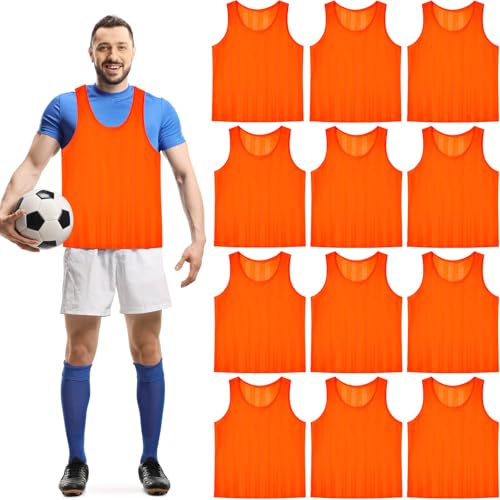 12 Pack Soccer Pinnies Basketball Jerseys Team Training Practice Vests Nylon Mesh Scrimmage Football Bibs Great for Child Youth Adult Sports Soccer, Orange