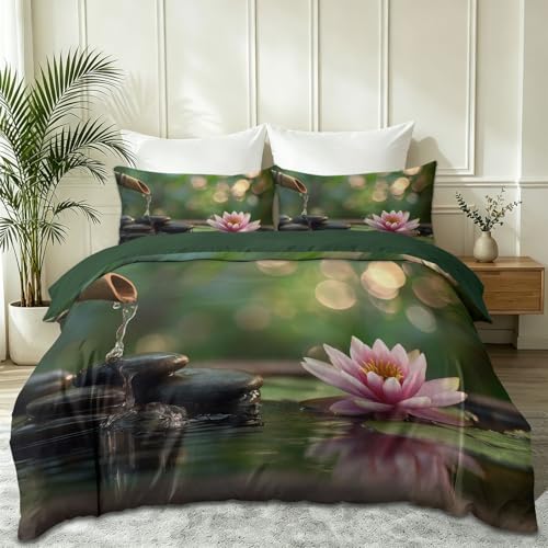 Housse de Couette 140 x 200 Nénuphar Vert Galets Ensemble de Lit - 2
