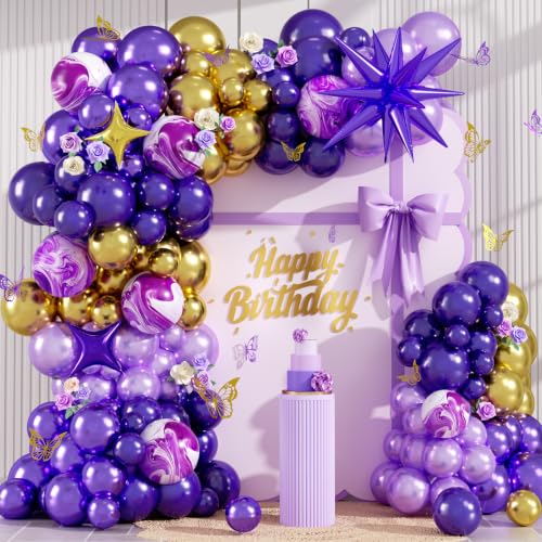 Image of Purple Balloon Arch Kit 110PCS Dark Purple and Gold Balloon Garland with Star Metallic Violet Lavender Lilac Birthday Party Balloons for Butterfly Baby Shower Graduation College School Prom Decoration