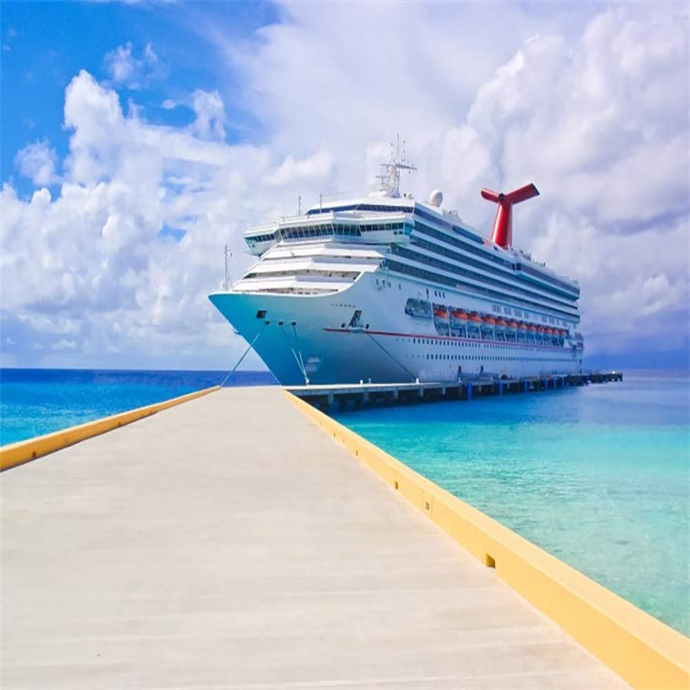 AOFOTO 10x10ft Cruise Ship Backdrops for Party Beautiful Sea Landscape Green Water Blue Sky White Clouds Wooden Plank Board Bridge Photography