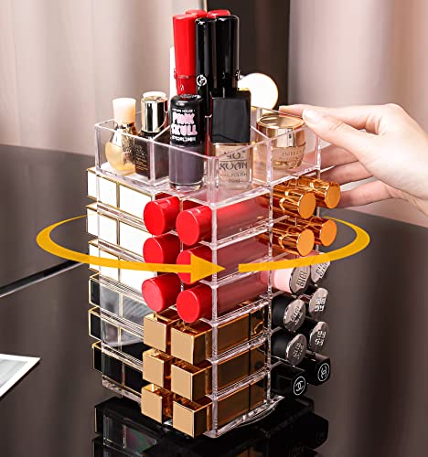 Image of Sooyee 360 Degree Spinning Lipstick Organizer Holder 53 Spaces, Acrylic Cosmetic Display Cases for Lipstick, Brushes, Bottles, and More, Clear