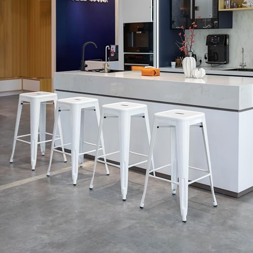 Butaco metálico Basicwise sin respaldo de 30 pulgadas, apilable, resistente para barras, patios y cocinas, color blanco miniatura 5