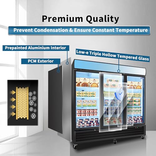 Image of mikibama Glass Door Merchandiser Freezer, 70 Cu.ft Swing Door Commercial Reach-In Display Refrigerator with LED Top Panel Upright Freeze Storage, Three Cabinets, Black