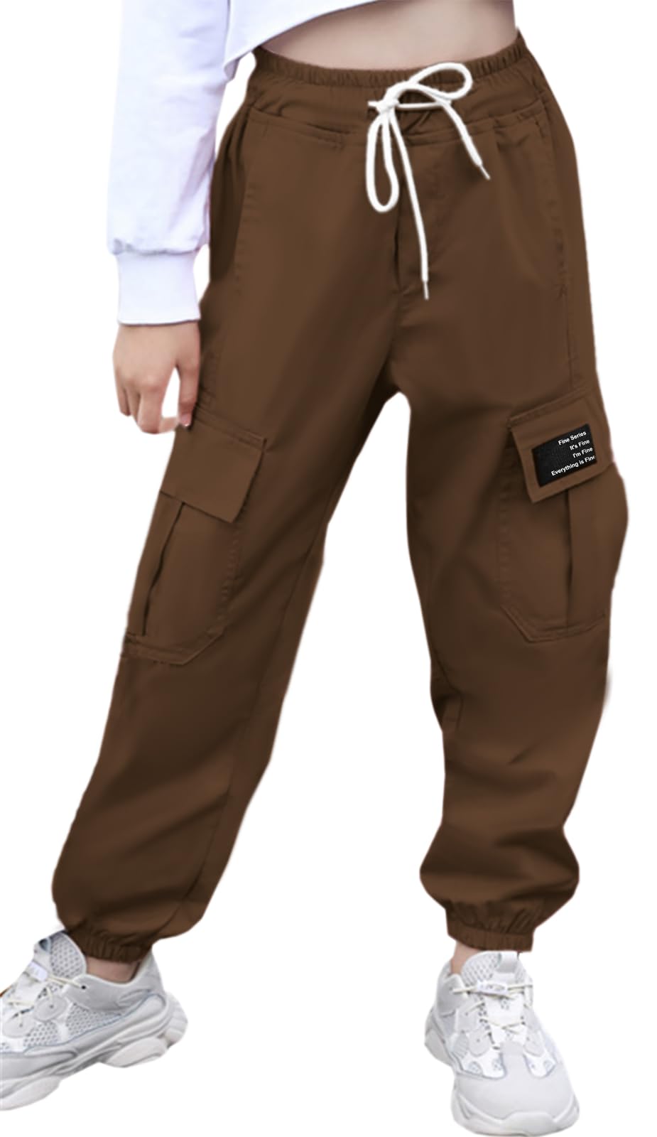 SANGTREE Women's Cargo Pants Elastic Waist Drawstring Tapered Jogger Pants with Pockets for Women,Coffe,L