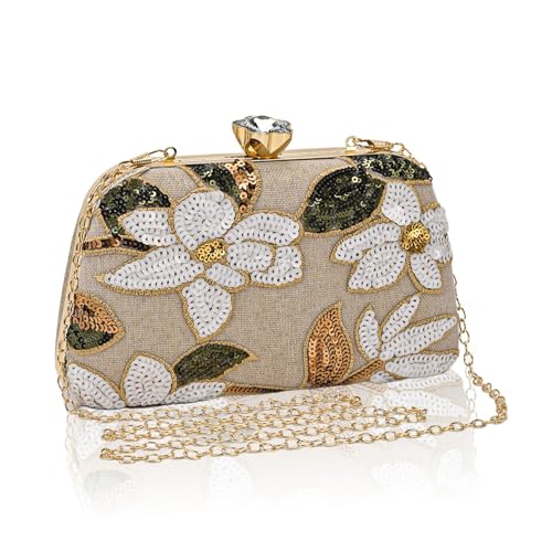 AIBAOWU Embroidered Flower Evening Bag Floral Clutch Purse for Women Wedding Sequin Clutch Bride Beaded Purse Cocktail Shoulder Bag