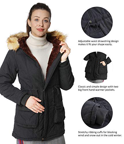 4How Womens Parka Jacket Hooded Warm Winter Coat Faux Fur Trim Long Parkas Outdoor FashionCoat Black Size 8