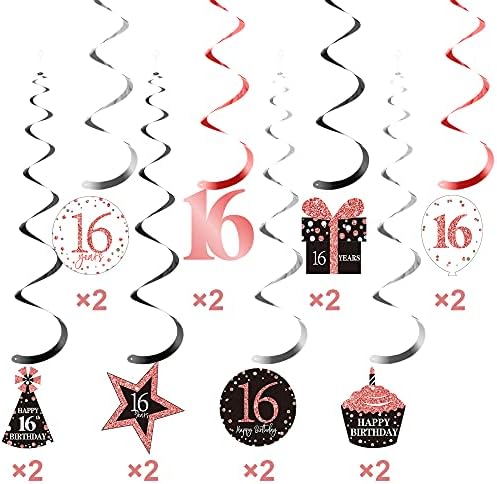 Blulu 30 Count 16th Birthday Party Decorations, 16th Birthday Party Rose Gold Hanging Swirls Ceiling Decorations Shiny Foil Swirls for 16th Birthday Decorations 16 Years Old Party Supplies