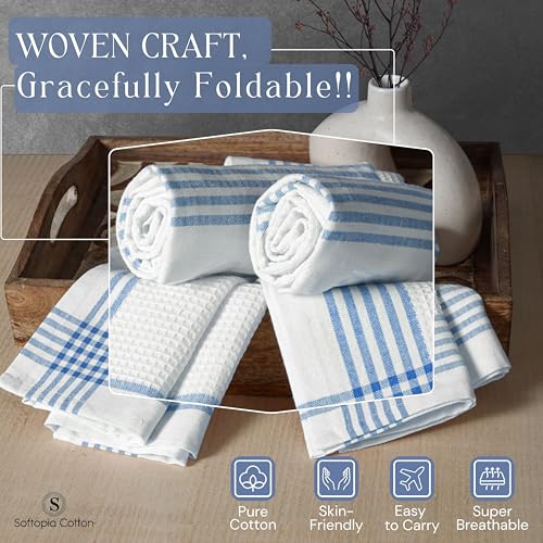 Image of Waffle White & Multi Colors Kitchen Towels Set of 12, 100% Cotton, 16x26 inches, Durable Dish Towel, Quick Dry Dishcloths, Ideal for Drying, Wiping - Mustard Yellow, Sky Blue, Brown