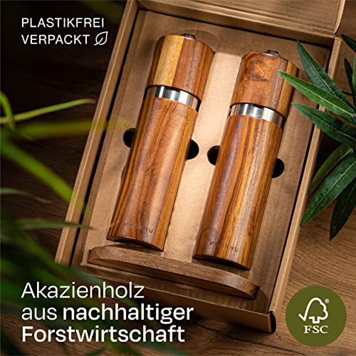Foto von Praknu Salz und Pfeffermühle Set Akazien Holz – Gewürzmühle – Untersetzer