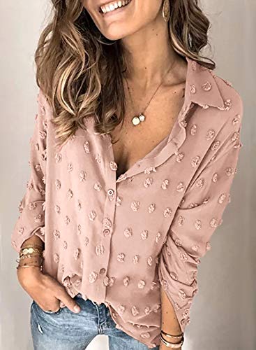 Astylish Womens Soft Cuffed Sleeve Pompom Collar Shirts Long Plus Size Button Down Blouse Tops Khaki Small #TOP1