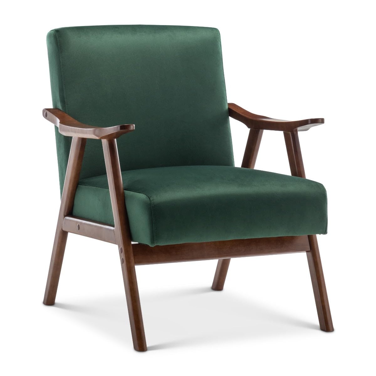 Green Velvet Armchair – Mid-Century Modern Accent Chair with Wooden Frame, Retro Green Velvet Chair for Living Room, Small Lounge or Bedroom, Compact Seat for Small Spaces, Stylish Armchair