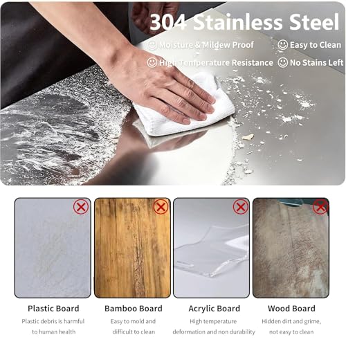Image of Porslin by Chef Special 16x24 Inch Extra Large Stainless Steel Kneading Board with Lip, Kitchen Countertop Cutting Chopping Board, 304 Metal Atta Roti Dough Board, Heavy Duty Non Slip Baking