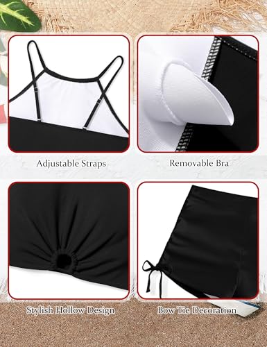 Image of BAVADER Girls Swimsuit 2 Pcs Solid Color Cutout Tankini with Shorts Drawstring Bathing Suit for Girls Swimwear 7-14Y