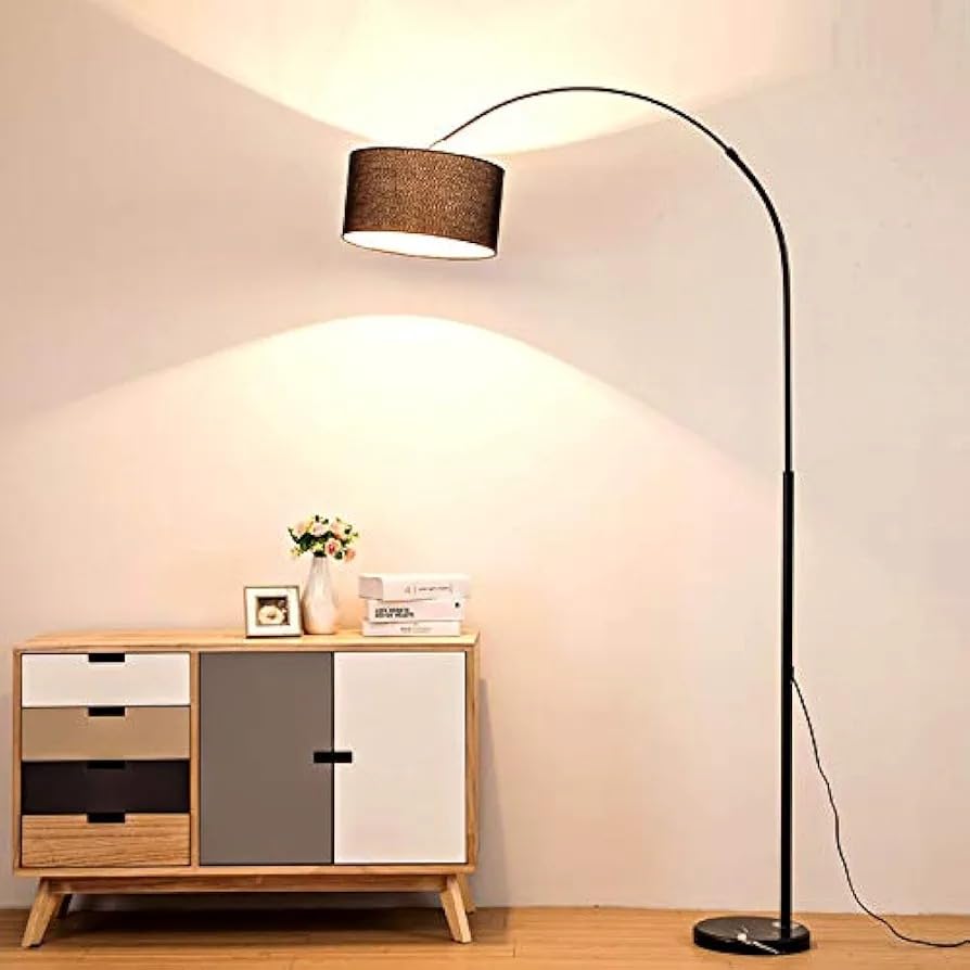 Image of Modern Adjustable Arc Floor Lamp with Fabric Drum Shade, Metal Standing Lamp for Living Room, Bedroom, Reading Corner, Sofa Side, 360 Rotating Head, Height Adjustable, E27 Holder, Black