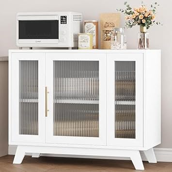 CABIHOME Buffet Cabinet, 36" Sideboard Buffet Storage Cabinet with Adjustable Shelves and Fluted Glass Door, Modern Coffee Bar, Table for Kitchen, Dining Room, White