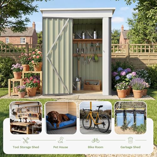 Image of Devoko 5 x 3 FT Storage Sheds with Floor Frame, Waterproof Garden Tool Shed with Lockable Door, Outdoor Metal Small Shed for Backyard Patio Lawn, Gray