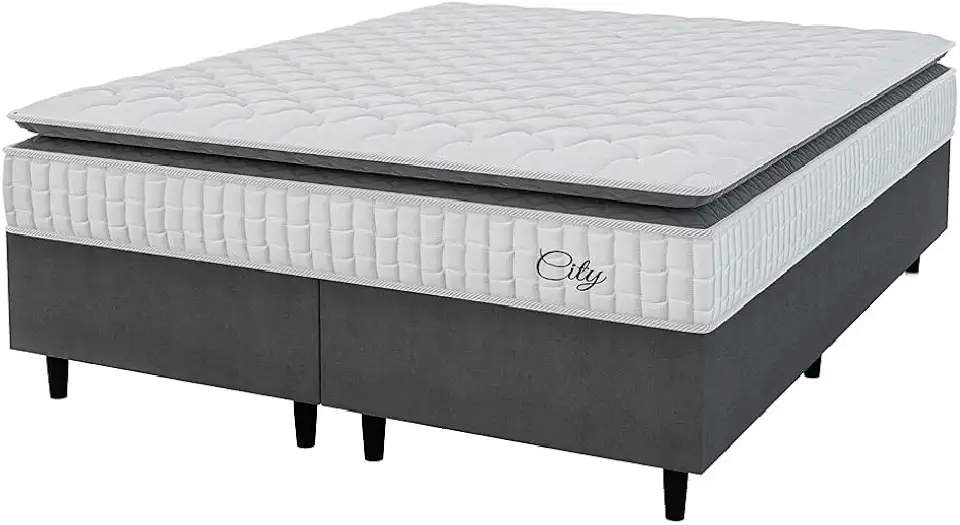 Cama Box Colchão Casal Queen Molas Ensacadas City Pillow Top 158x188x61cm Hellen Branco/Cinza - Suporta até 110kg por Pessoa
