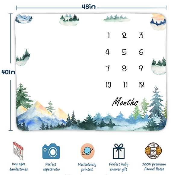 Image of Forest Mountain Monthly Milestone Blanket 48x40in Growth Chart Photo Gift | Milestone Blanket , Forest Mountain Age Monthly Photo Prop for Newborn Picture, with Growth Chart, Gift for Baby Shower