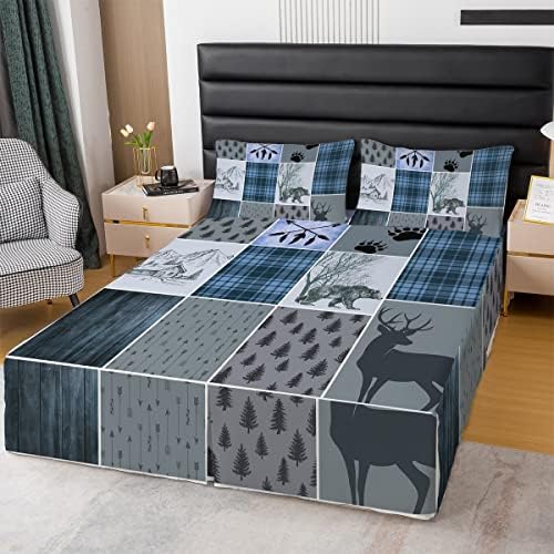 Rustic Farmhouse Bed Skirts King Size, Retro Cabin Lodge Bed Skirt Country Bear Deer Bedskirt for Kids Teens Adult Men, Hunting Wild Animal Plaid Checkered Bedding Set 3Pcs with 2 Pillow Cases,Blue