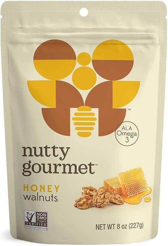 Nutty Gourmet Honey Flavored Walnuts - Sweet Lightly Seasoned Nuts - All Natural - Keto Snack - Heart Healthy - Farm Fresh - California Grown Walnuts - Vegan - Gluten-Free (8oz - 1 Pack)