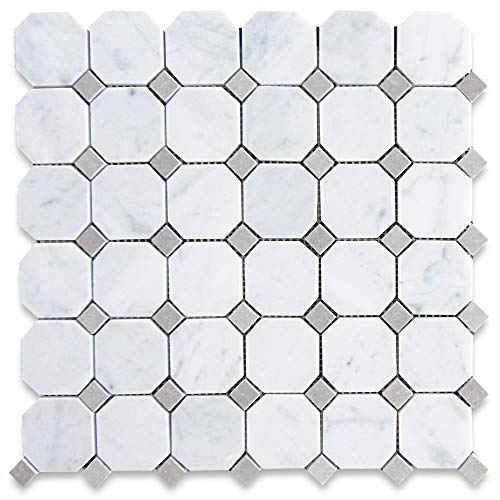 Stone Center Online Carrara White Marble 2 Inch Octagon Mosaic Tile W/Cinderella Gray Tan Dots Honed Kitchen Bath Wall Floor Backsplash Shower (1 Sheet) #TOP13