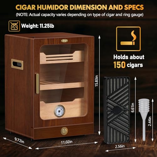 Tesonway Cigar Humidor, Desktop Cigar Humidor Cabinet Light Control System with Spanish Cedar Wood Shelves, Hygrometer, 3 Humidifiers and Cigar Accessories Drawer, Father\'s Day Gift for Men (Brown)