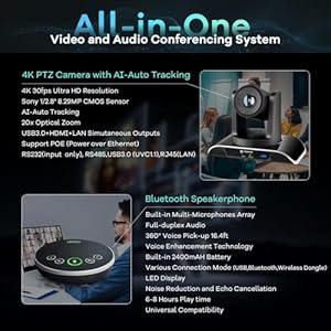 Alternative view of TONGVEO 4K PTZ Conference Room Camera System AI Auto-Tracking 20x Zoom 4K PTZ Camera USB3.0 HDMI LAN outputs and Bluetooth Speakerphone with Microphone for Large Remote Meeting