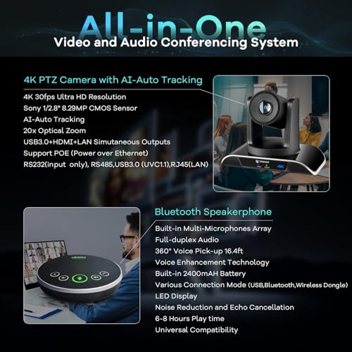 TONGVEO 4K PTZ Conference Room Camera System AI Auto-Tracking 20x Zoom 4K PTZ Camera USB3.0 HDMI LAN outputs and Bluetooth Speakerphone with Microphone for Large Remote Meeting - Image 3