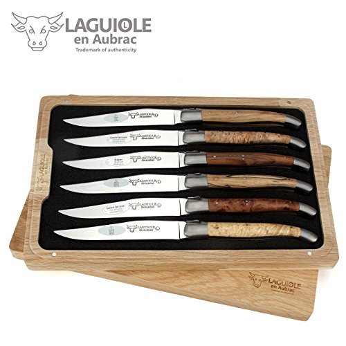 Laguiole En Aubrac - 6 French Steak Knives - Special Edition - Handles European Wood - Wooden Gift Box #TOP1