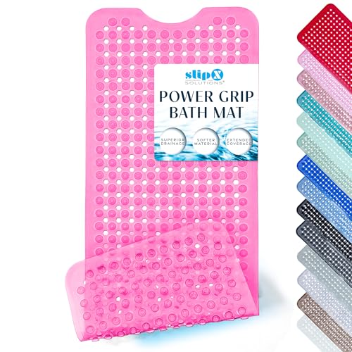 SlipX Solutions Power Grip 39x16 Bathtub & Shower Mat | Premium Non-Slip Bath Safety | Clear Pink