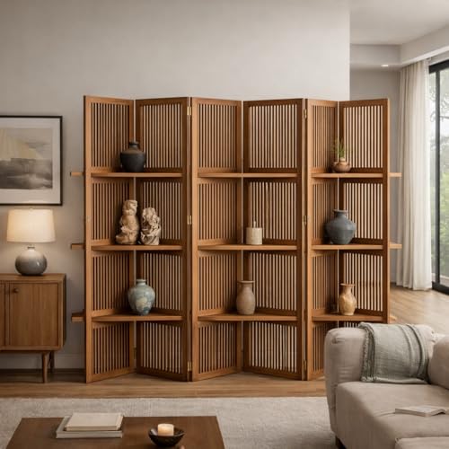 Image of Wooden Partition Divider for Living Room, Partition Wall, Privacy Divider, Freestanding Folding Panels for (6 Feet 6 Panel with 3 Shelves) (6 Feet 6 Panel Teak Brown)