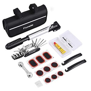 Funxim Fahrrad-Multitool, 16 in 1 Fahrrad Reparatur Werkzeug Set mit Mini Fahrradpumpe, Reifenschlauchflicken, Reifenhebel, Sechskanschlüssel, Tasche mit reflektierendem Streifen